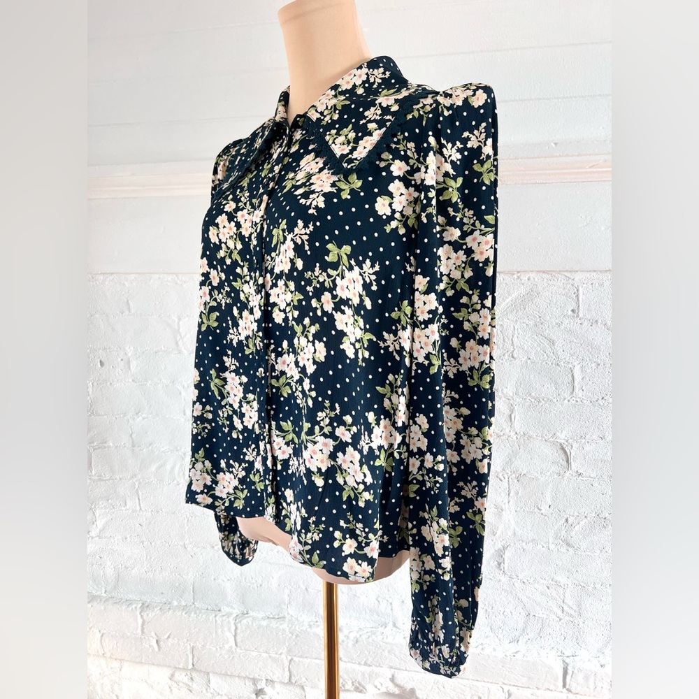 ByTiMo Anthropologie Floral And  Dot Cupro Crepe Button Blouse Dark Blue Navy M - Picture 4 of 12